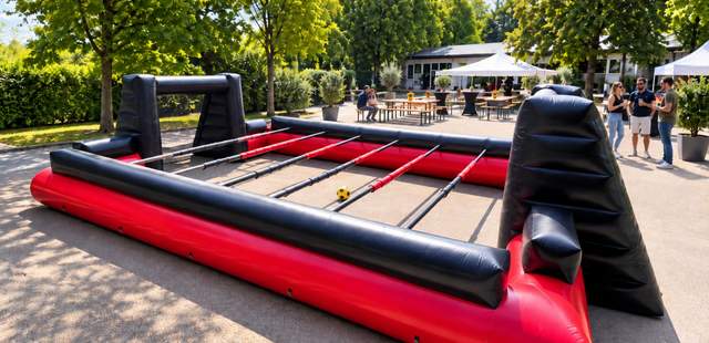 Aufgebauter Human Kicker in rot und schwarz bei einem Firmenevent im Außenbereich