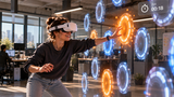 Reaktionsspiel in VR Reaktionsspiel in VR: Frau mit VR-Brille tippt schnell auf aufleuchtende virtuelle Felder