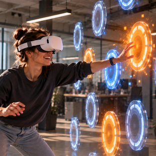 Reaktionsspiel in VR: Frau mit VR-Brille tippt schnell auf aufleuchtende virtuelle Felder