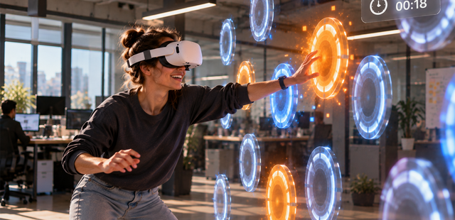 Reaktionsspiel in VR: Frau mit VR-Brille tippt schnell auf aufleuchtende virtuelle Felder