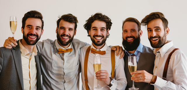 Festliches Gruppenbild Fünf Männer stehen Seite an Seite in festlicher Kleidung und machen gemeinsam ein Bild