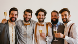 Fünf Männer stehen Seite an Seite in festlicher Kleidung und machen gemeinsam ein Bild