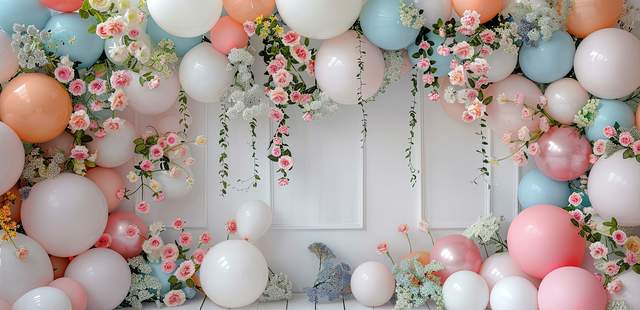 Ein Ausschnitt einer Dekoration mit bunten Luftballons und Blumen