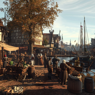 Mainkai im Jahr 1372 im herbstlichen Flair Frankfurt im 14. Jahrhundert