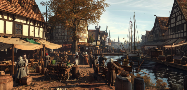 Mainkai im Jahr 1372 im herbstlichen Flair Frankfurt im 14. Jahrhundert