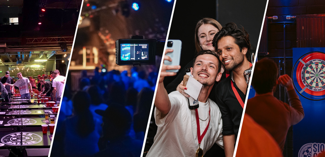 Social Gaming Teamevent Teilnehmer feiern bei einem mobilen Social Gaming Teamevent mit Dart und Beer Pong