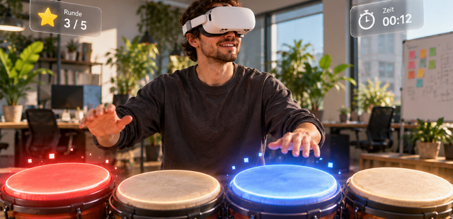 Trommelspiel in Virtual Reality: Mitarbeiter trommelt mit VR-Brille auf vier virtuelle Trommeln