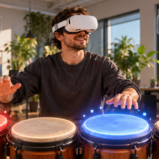 Trommelspiel in Virtual Reality: Mitarbeiter trommelt mit VR-Brille auf vier virtuelle Trommeln