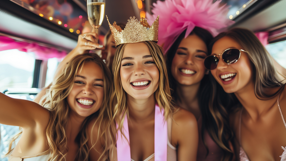 Vier Frauen lachen in die Kamera und sind passend für einen Junggesellenabschied gekleidet