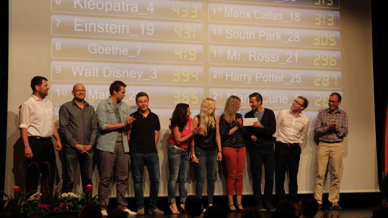 Die Gewinner des Quizzes TeamDuell vor der Leinwand