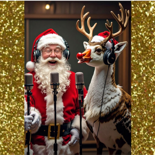 Weihnachtsmann und Fabelwesen am Mikrofon Weihnachtsfeier am Mikro mit Hörspielen & Co