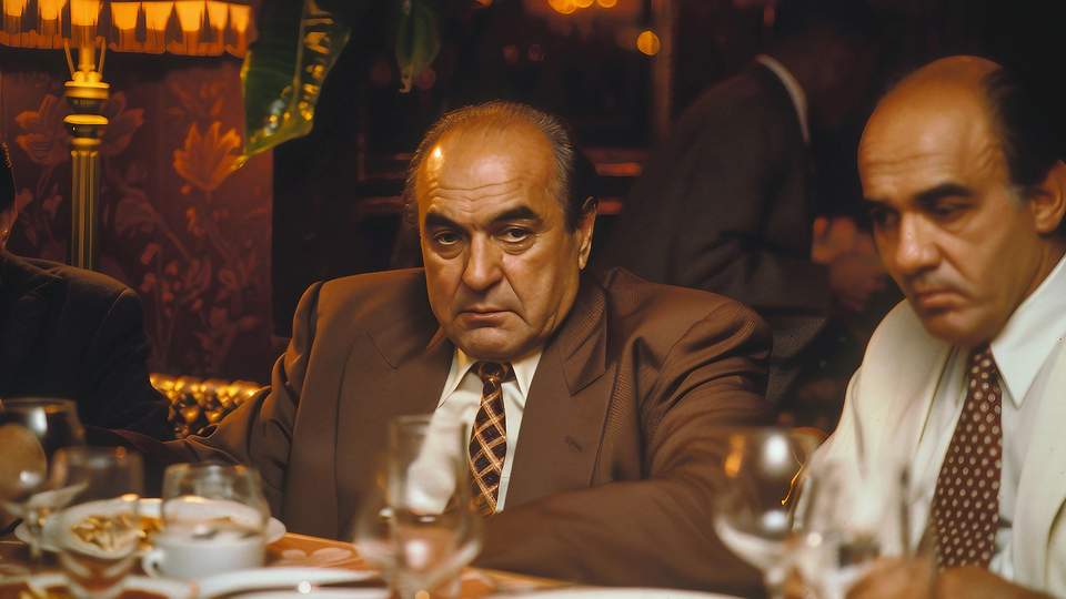 An einem Tisch in dunklem Raum sitzen zwei kriminell aussehende Männer im Anzug