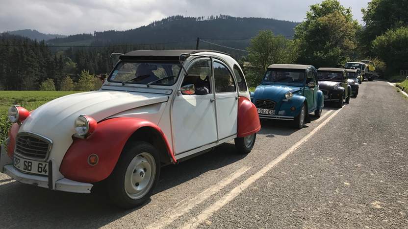 Oldtimer-Enten aufgereiht auf einer Landstrasse