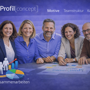 Fünf Personen arbeiten im Team-Workshop TeamProfil[concept] und schauen in die Kamera