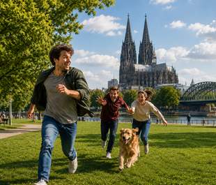 FangMichDoch – Verfolgungsjagd in Köln Drei Personen und ein Hund laufen durch eine Grünanlage vor dem Kölner Dom.