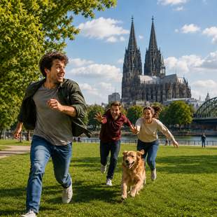 FangMichDoch – Verfolgungsjagd in Köln Drei Personen und ein Hund laufen durch eine Grünanlage vor dem Kölner Dom.