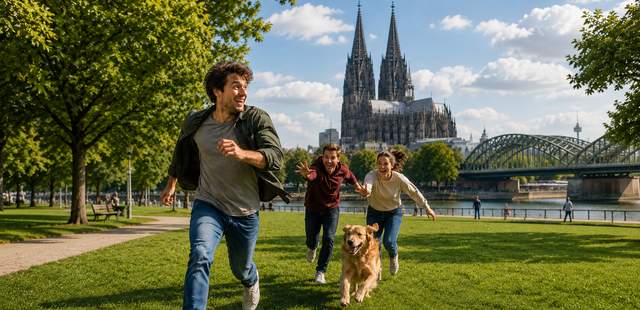 FangMichDoch – Verfolgungsjagd in Köln Drei Personen und ein Hund laufen durch eine Grünanlage vor dem Kölner Dom.