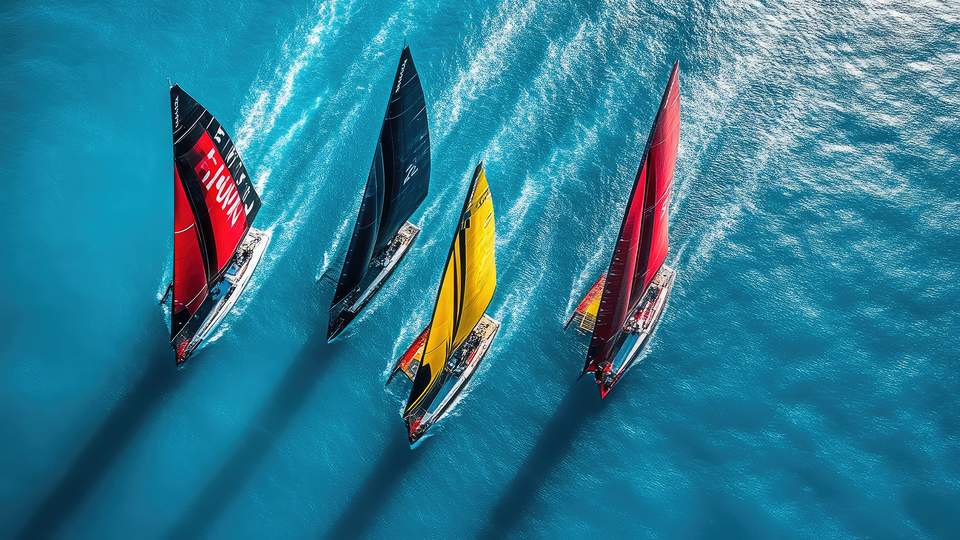 Vier Segelboote sind von oben zu sehen. Sie fahren auf dem offenen Meer