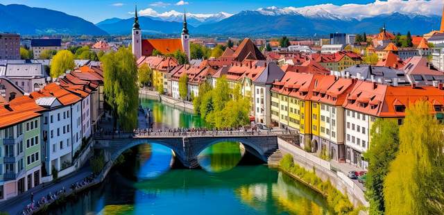 Man sieht auf eine alte Steinbrücke und zwei bunte Häuserreihen auf beiden Seiten des Flusses