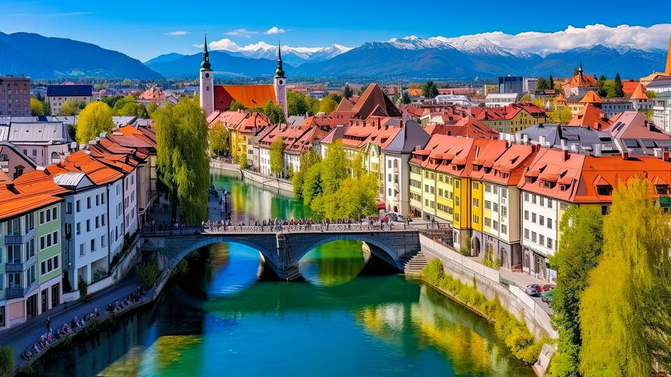 Man sieht auf eine alte Steinbrücke und zwei bunte Häuserreihen auf beiden Seiten des Flusses