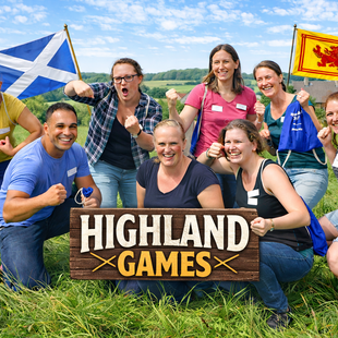 Teilnehmer der Highland Games stehen in Siegerpose auf einer Wiese. Im Hintergrund schottische Fahnen