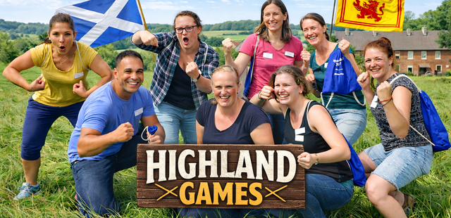 Teilnehmer der Highland Games stehen in Siegerpose auf einer Wiese. Im Hintergrund schottische Fahnen