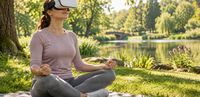 Progressive Muskelentspannung in VR Progressive Muskelentspannung in VR: Frau mit VR-Brille meditiert entspannt im Grünen