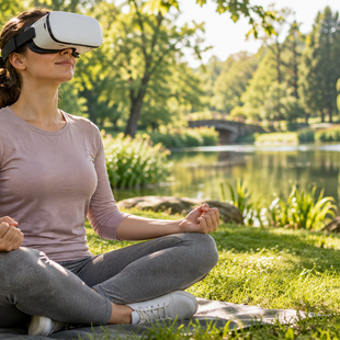 Progressive Muskelentspannung in VR Progressive Muskelentspannung in VR: Frau mit VR-Brille meditiert entspannt im Grünen