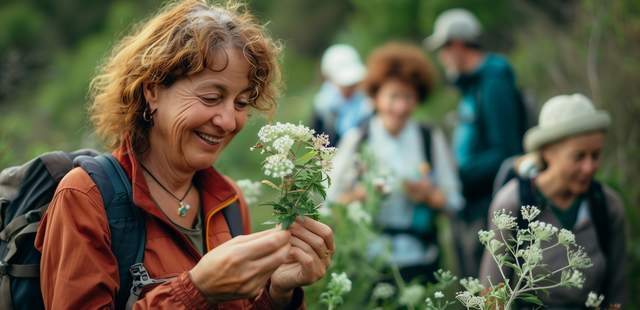 Gruppenwanderung im Grünen mit Blumen pflücken