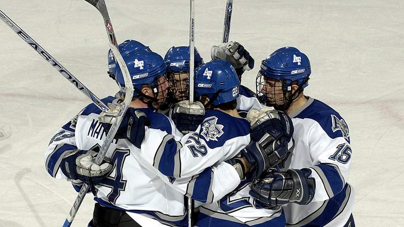 Ein Eishockey Team umarmt und freut sich gemeinsam