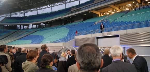 Ansprache im Stadioninneraum in Leipzig