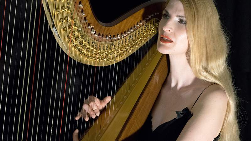 Harfenistin Simonetta, optisch und akustischer Hochgennuss musikalische Umarhmung, Harfe