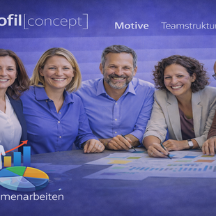 Fünf Personen arbeiten im Team-Workshop TeamProfil[concept] und schauen in die Kamera