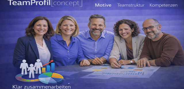 Fünf Personen arbeiten im Team-Workshop TeamProfil[concept] und schauen in die Kamera