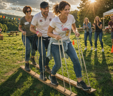 Drei Personen bewegen sich beim Teamevent Company Games bei der Aktion Team-Ski auf Skiern fort.Im Hintergrund feuern drei weitere Teilnehmende das Team an.