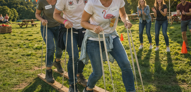 Drei Personen bewegen sich beim Teamevent Company Games bei der Aktion Team-Ski auf Skiern fort.Im Hintergrund feuern drei weitere Teilnehmende das Team an.
