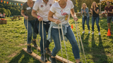 Drei Personen bewegen sich beim Teamevent Company Games bei der Aktion Team-Ski auf Skiern fort.Im Hintergrund feuern drei weitere Teilnehmende das Team an.