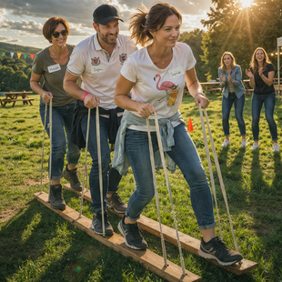 Drei Personen bewegen sich beim Teamevent Company Games bei der Aktion Team-Ski auf Skiern fort.Im Hintergrund feuern drei weitere Teilnehmende das Team an.