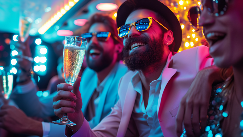 Eine Gruppe von Freunden lacht bei einer Party und hält Sektgläser in die Höhe