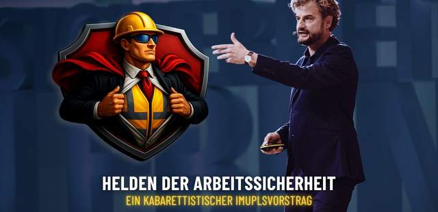 Helden der Arbeitssicherheit - ein kabarettistischer Impulsvortrag, Logo auf blauem Hintergrund.