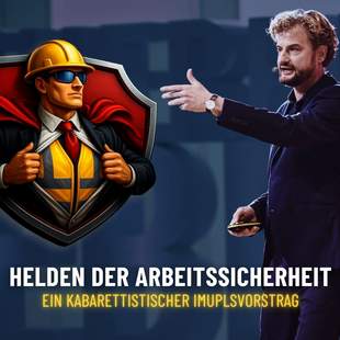 Helden der Arbeitssicherheit - ein kabarettistischer Impulsvortrag, Logo auf blauem Hintergrund.