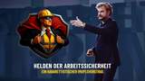 Helden der Arbeitssicherheit - ein kabarettistischer Impulsvortrag, Logo auf blauem Hintergrund.
