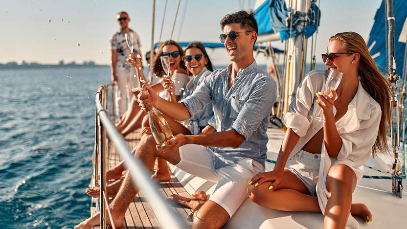 Menschan uf dem Deck eines luxuriösen Segelschiffes