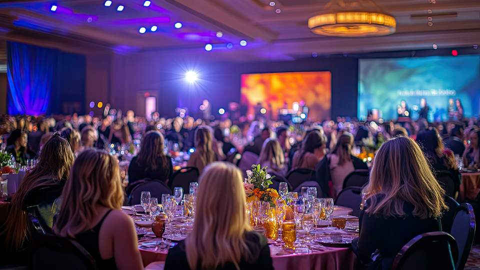 Eine große Menschenmenge sitzt zusammen in einem Saal bei einer Abendveranstaltung und blickt auf die Bühne