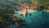 Man sieht ein Flugzeug von oben, wie es abhebt. Im Hintergrund ist ein Strand, ein Küstenort und viel Natur zu erkennen