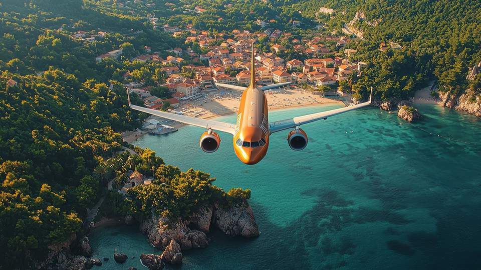 Man sieht ein Flugzeug von oben, wie es abhebt. Im Hintergrund ist ein Strand, ein Küstenort und viel Natur zu erkennen