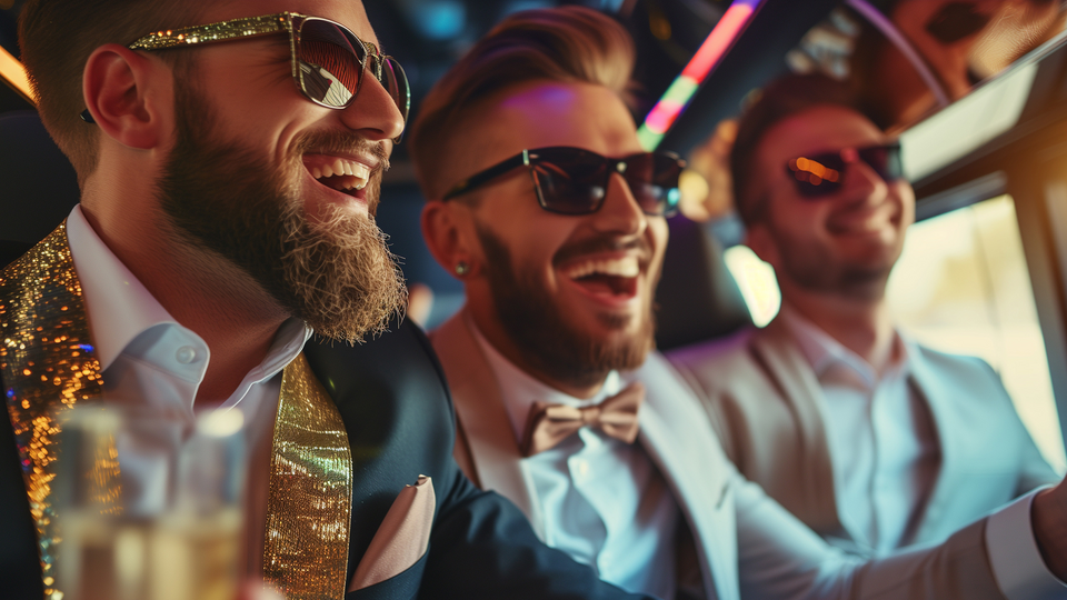 Drei Männer sitzen zusammen in einem Bus und lachen ausgelassen