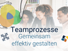 Das Bild zeigt drei Personen, die lebhaft an einem Schreibtisch diskutieren. Oben links symbolisieren ineinandergreifende Kreise die Integration individueller mentaler Modelle zu einem Team Mental Model.