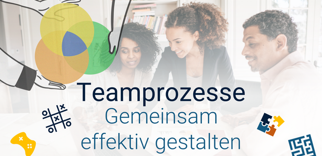 Team Mental Model - Titelbild Das Bild zeigt drei Personen, die lebhaft an einem Schreibtisch diskutieren. Oben links symbolisieren ineinandergreifende Kreise die Integration individueller mentaler Modelle zu einem Team Mental Model.