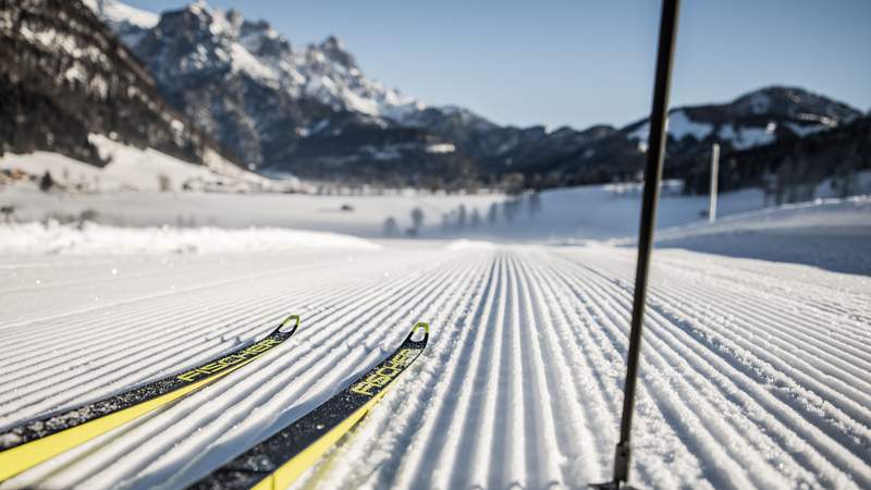 Langlaufpiste mit Blick auf die Berge